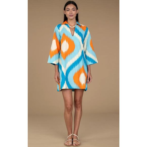 OLIVIA JAMES the Label Taylor Tunic Mini Dress Size Small Portofino Orange Blue - Picture 1 of 10